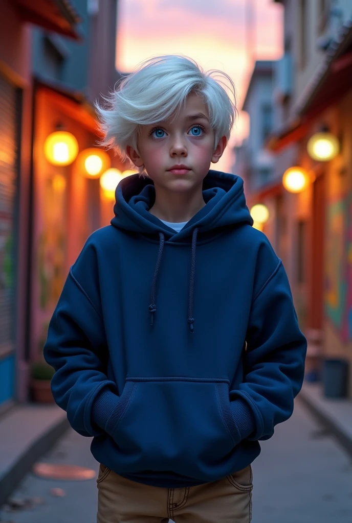 Create a 13-year-old male wearing a midnight blue hoodie, beige pants, white hair, and blue eyes.