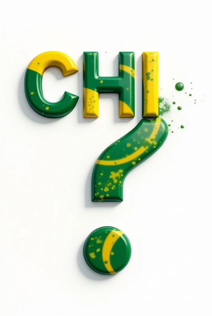 the word "chi?" in uppercase on a white background with the letters in the colors of the Brazilian flag, with the question mark in a size 50% bigger than the rest