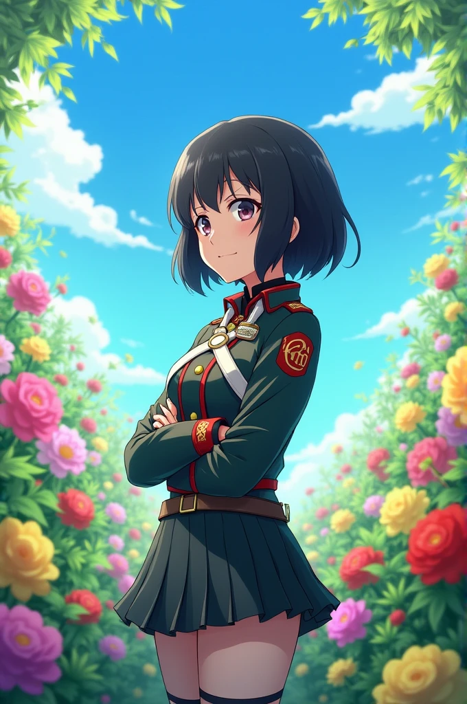 my hero academia style, Mikasa Ackerman, an anime character from the Attack on Titan franchise, in a garden looking at the flowers.