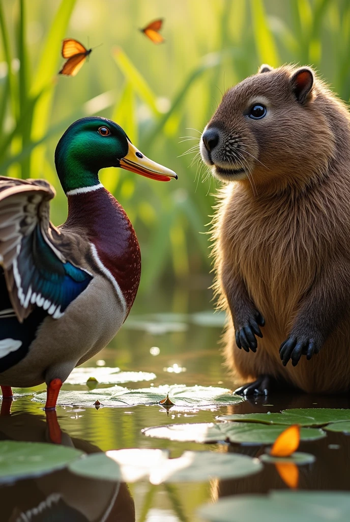 A fight between a duck and a capybara. ultra realisitic
