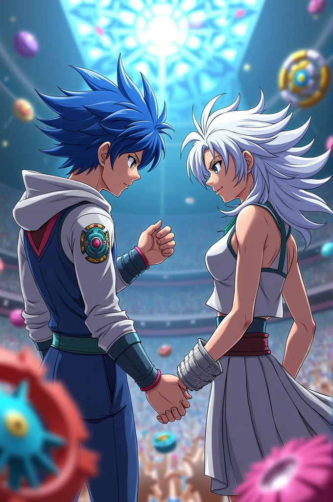 Beyblade valt aoi x shu kurenai valt tem cabelo azul e shu tem cabelo branco o Beyblade de valt e o turbo valtryek e do shu o spryzen