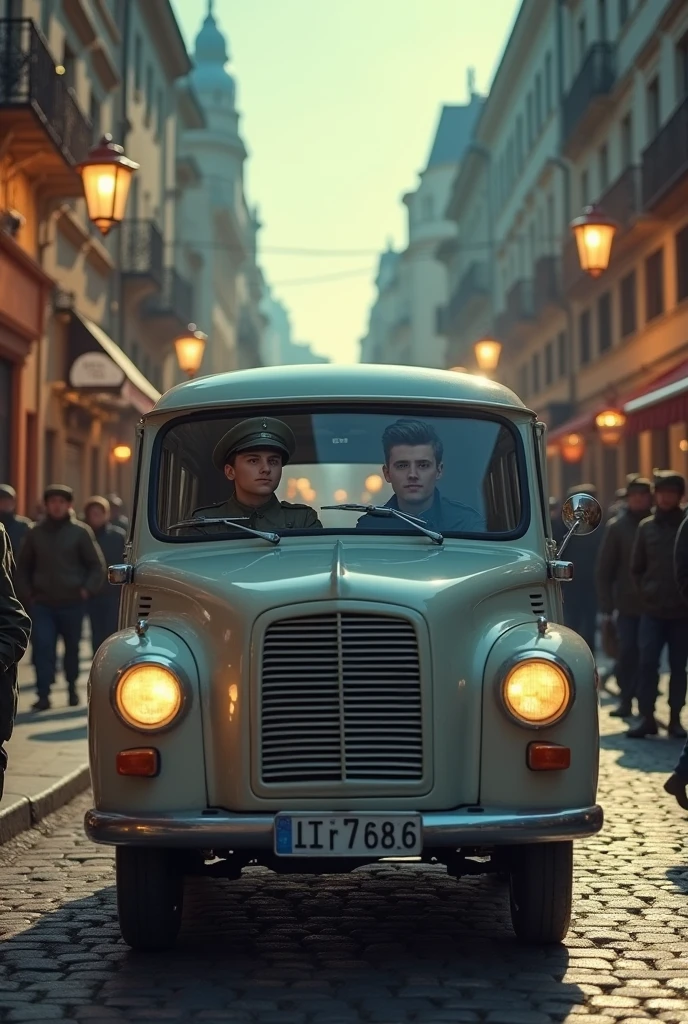 European small van from the 60s, driving through a city center, under the light of sodium steam lamps military painting, pale blue from the navy, young soldier driving,