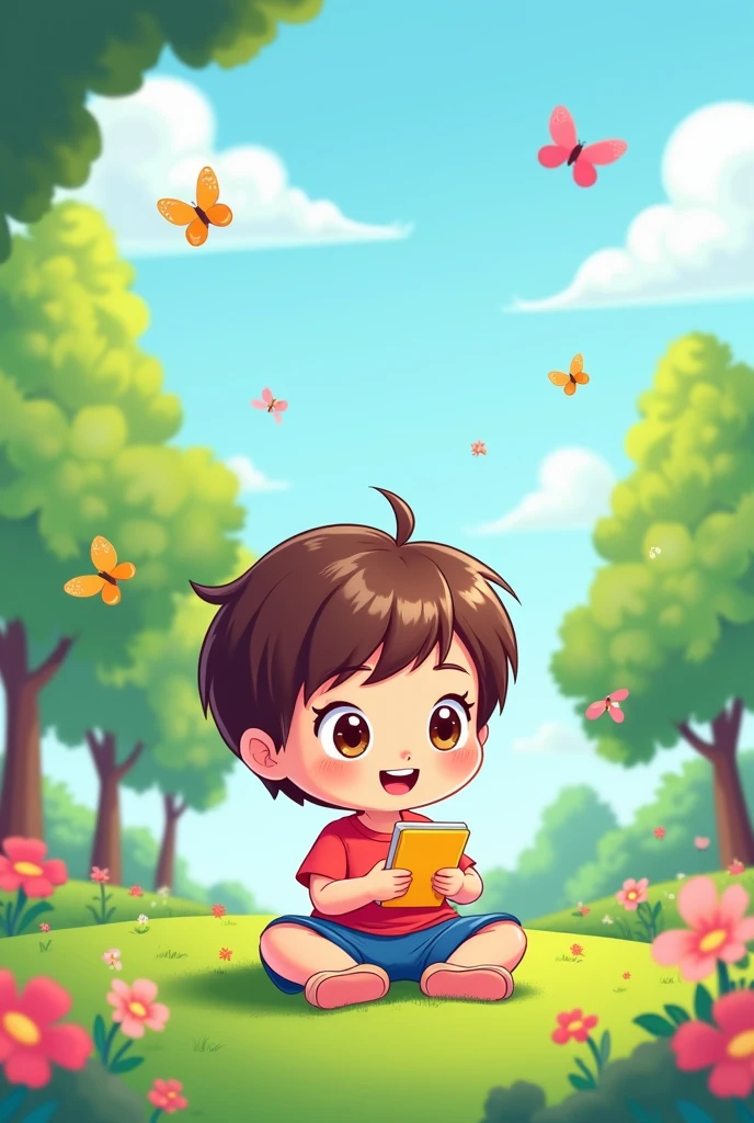 A chibi cartoon of a child reading through a mobile phone while sitting in a park.