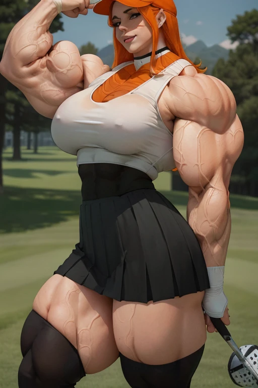 (((Close-up))), tall, (orange hair) beautiful muscular female golfer, long shaggy hair, pale white skinned, large breast, closed smile, (black lipstick), (massive muscles), (hyper muscle), ((ginormous bulky muscles)), green eyes, (((orange golf top))), (((black long pleated skirt))), (thigh high socks), choker, sneakers, in a golf course,