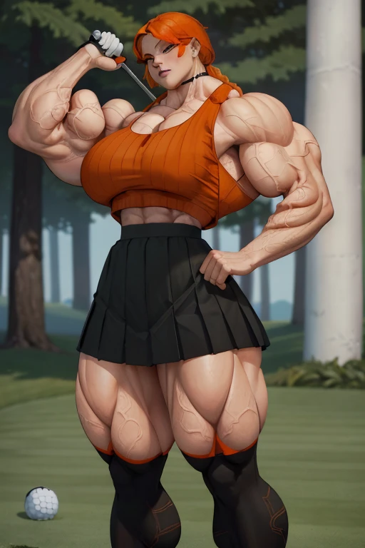 (((Close-up))), tall, (orange hair) beautiful muscular female golfer, long shaggy hair, pale white skinned, large breast, closed smile, (black lipstick), (massive muscles), (hyper muscle), ((ginormous bulky muscles)), green eyes, (((orange golf top))), (((black long pleated skirt))), (thigh high socks), choker, sneakers, in a golf course,