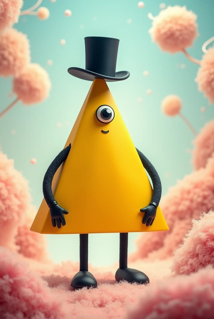A yellow triangle, with black arms and legs, one eye and a black top hat