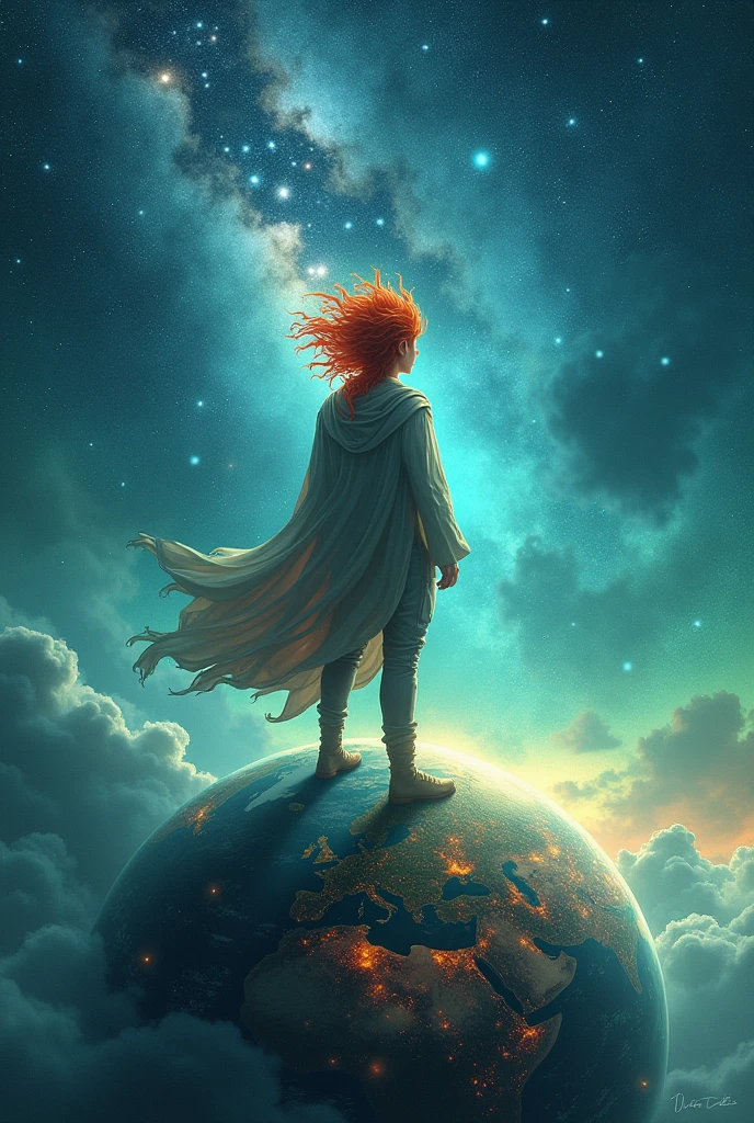 red-haired man on top of a planet