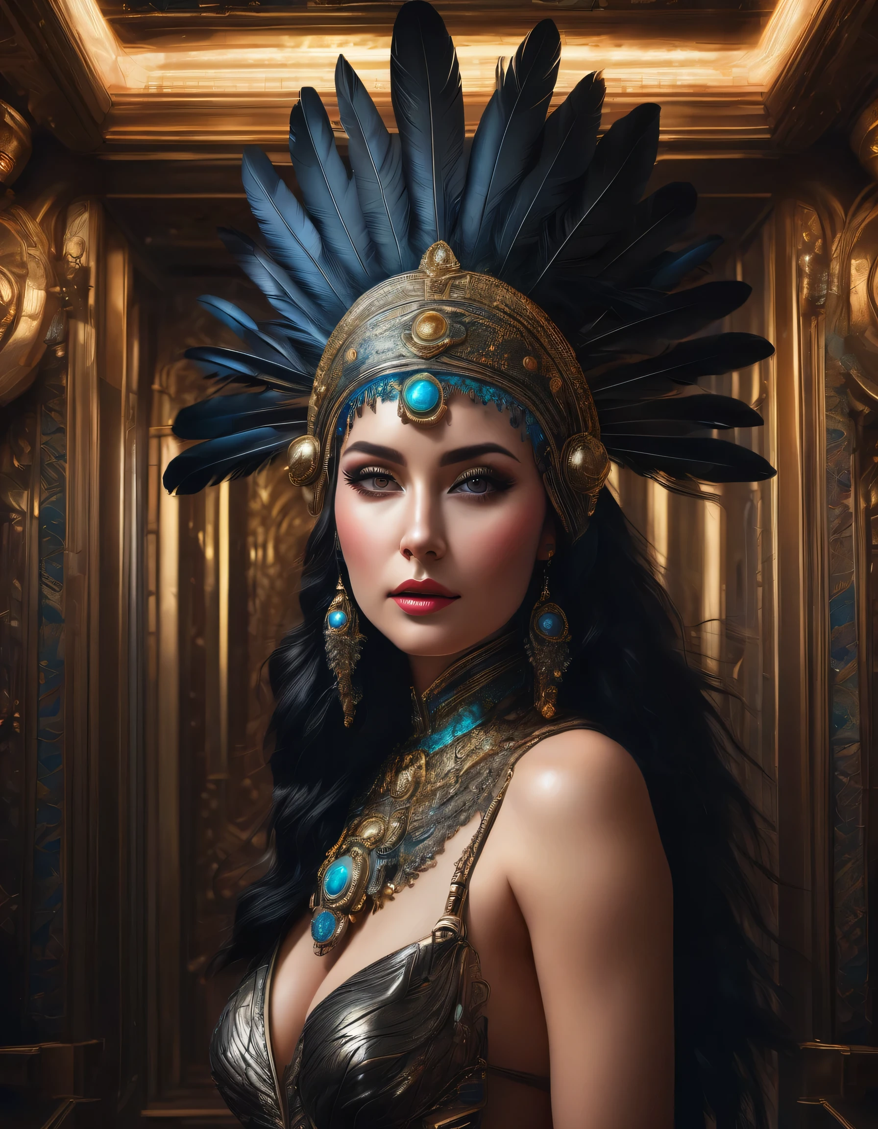 full body view from behind, oil painting style, spaceship interior, beautiful busty Russian woman, black feather headdress, face detailed, detailedeyes, detailed lips, extremely detaild, details Intricate, cinematic lighting, dramatic shadows, bright coloured, photorrealistic, 8k, high qualiy, work of art, digitl art