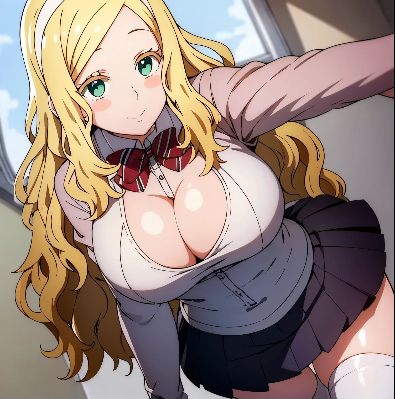 ((1girl)),((alone)),Carol Olston,(masterpiece), (best quality), (ultra detailed), (best illustration), (best shadow), (absurdities), sharp focus, cowboy shot ,atmospheric perspective, depth of field, dynamic posture looking at the viewer, large breasts, narrow waist, wide hips, medium thighs, round butt, erotic, romantic, (very detailed eyes, lips 1.1), very detailed eyes, eyes, very face detailed, Very beautiful face, Symmetrical face, Aesthetic face, perfect face, perfect eyes, detailed eyelashes: 1.5), full height, beautiful slim figure, femininity, expressive appearance, elastic big breasts, sexuality, pink sweater, tight-fitting sweater, long sleeves , red bow tie, curly hair, blonde hair, long hair, strands of hair hanging on both sides, green eyes, white headband with pink bow, short skirt, black skirt, tight skirt, white stockings above the knee, red loafers , hand on hip, curves, defined body, Perfect and beautiful body, perfect and beautiful, closed mouth, seductive expression, happy face, blushing, (sexy pose: 1.2), ((solo)), standing: 1.3,(( interior, school, classroom, desks, desk, window, light reflection, clouds, sunny)), looking forward, ((focus on breasts)), point of view: (from above), perfect anatomy, perfect hands