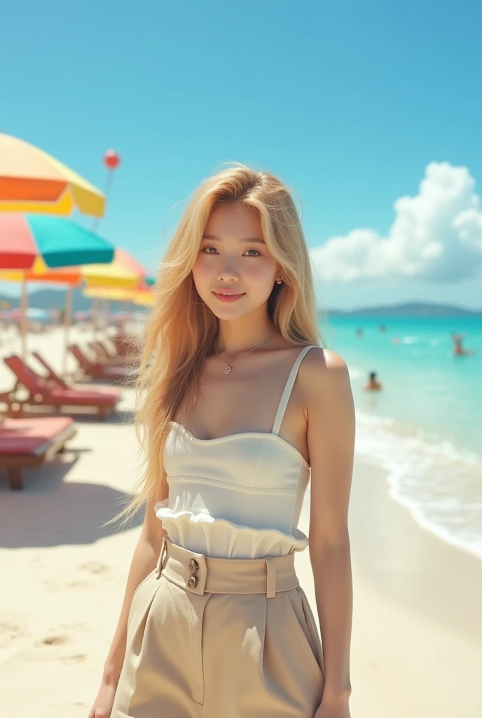 Korean idol,cute,beach,gold hair,out fit,neat and tidy system