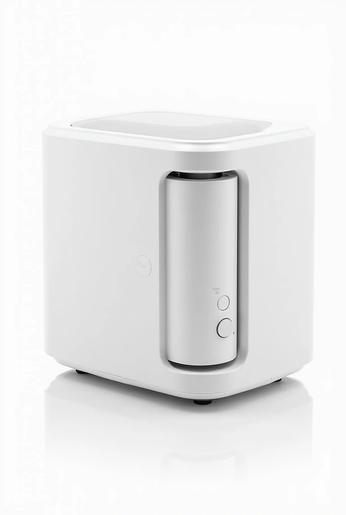 On a White background put
A compact and sophisticated design portable microwave, designed to preserve the temperature of food and beverages anywhere. With dimensions of 27 cm wide, 18 cm deep and 15 cm high.
This microwave does NOT have a door opening handle and NO food inside it.. Non-slip rubber feet on the base.
The microwave door opens upwards, Towards the sky, offering a convenient and accessible opening. Made of durable material with a small tempered glass viewer, allows the user to see the content without having to open the device.