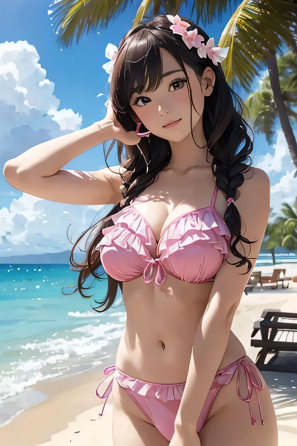 Highest quality、High resolution、Detailed Background、(Beautiful face in every detail:1.4)、Anatomically correct、(Normal number of fingers:1.2)、Highly detailed face、Detailed eyes、age beauty、(Huge breasts:1.2)、Perfect body line、Light color hair、Braided bob cut、Wavy Hairstyle、
crystal clear blue sea stretching out on the white sand beach、swaying gracefully under palm trees、relaxing resort space、
(take a non-alcoholic cocktail in hand while being blown by the sea breeze、women relaxing leisurely:1.5)、
Friends in swimsuits、they jump into the sea with joy、a sense of liberation from stress、enveloped in the pleasant sea breeze and sunshine、enjoying blissful moments、
bikinis with frills and ribbons、cute designs are popular、frills and ribbons give a feminine impression、pink、pastel colors like light blue are recommended、very beautiful