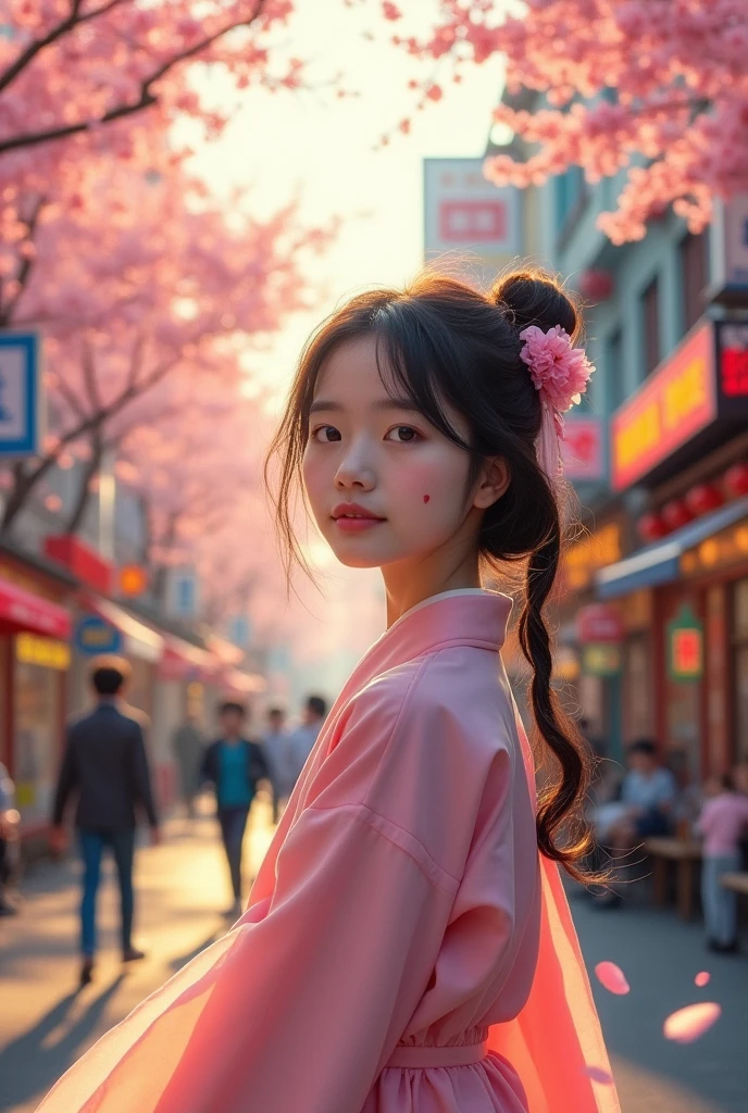 White Korean girl with blue eyes and a mole. 