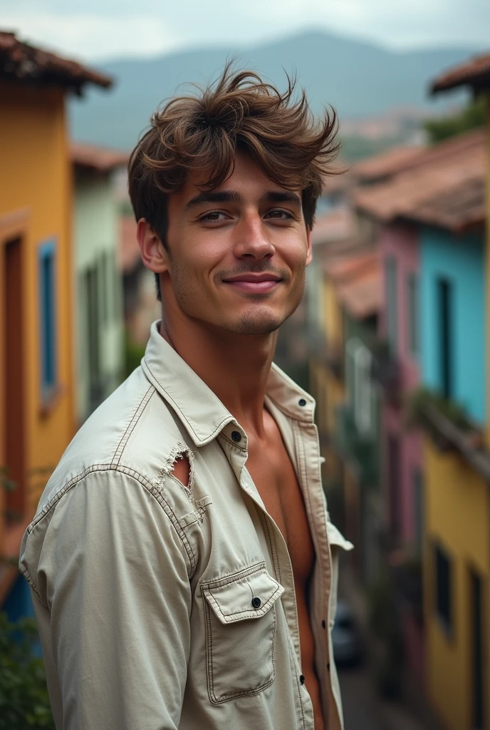 Male profile photo , attractive face, hazelnut eyes, perfect chin and jaw , beautiful nose, brown unruly hair, wears a torn shirt with holes , gorgeous body, is in a favela with Brazilian houses , seen from the front, easy smile 