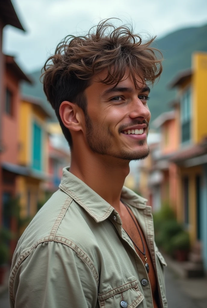 Male profile photo , attractive face, hazelnut eyes, perfect chin and jaw , beautiful nose, brown unruly hair, wears a torn shirt with holes , gorgeous body, is in a favela with Brazilian houses , seen from the front, easy smile