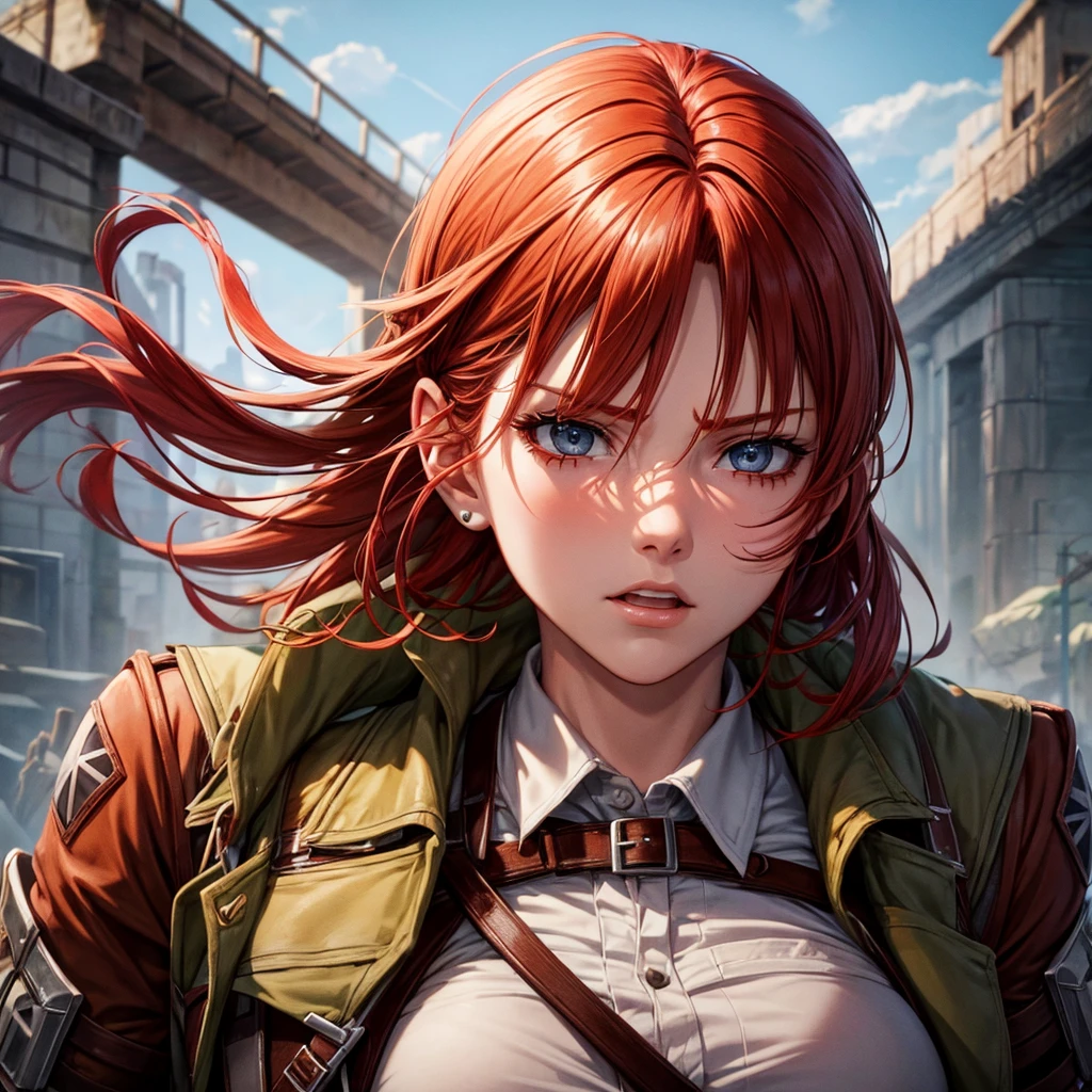 A beautiful redheaded girl, attack on titan inspired character, detailed face