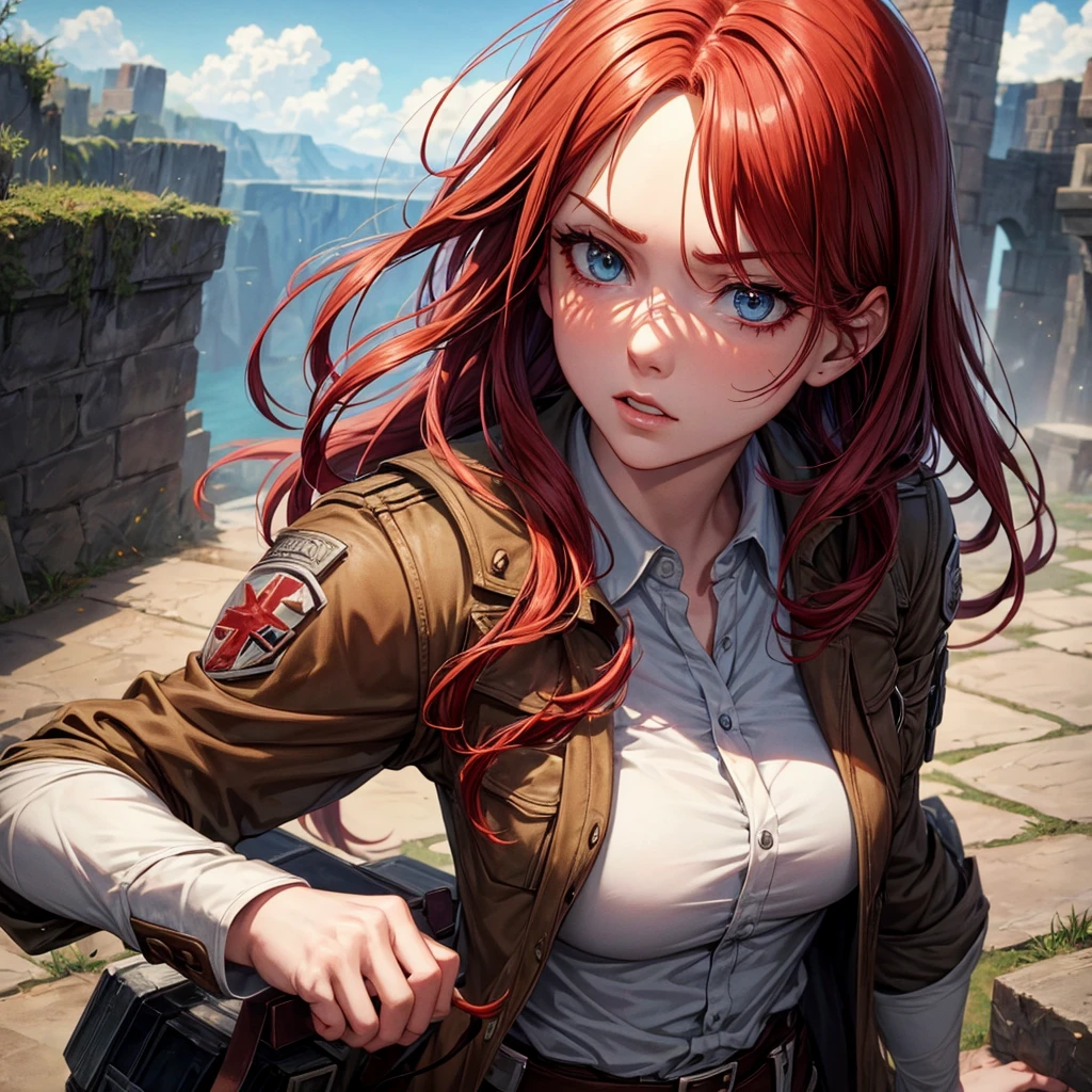 A beautiful redheaded girl, attack on titan inspired character, detailed face