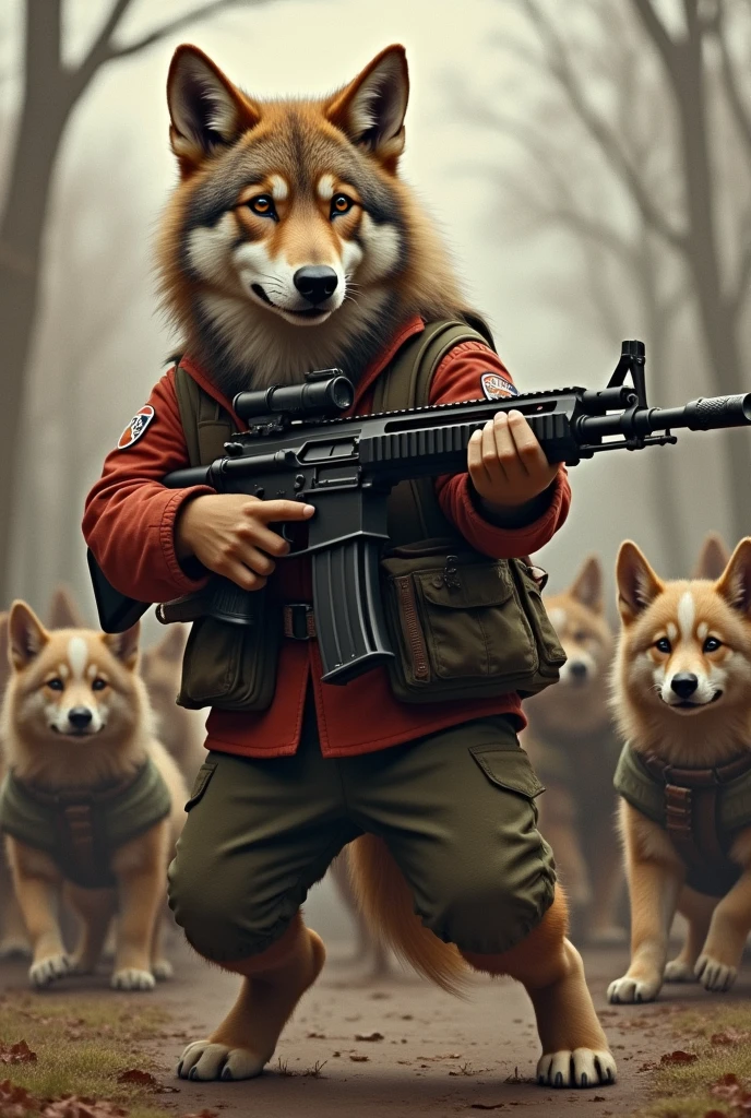 Hi could you generate a picture of a wolf leading an army of little fascist puppies?, The boss wolf will have a submachine gun and hate Jews.