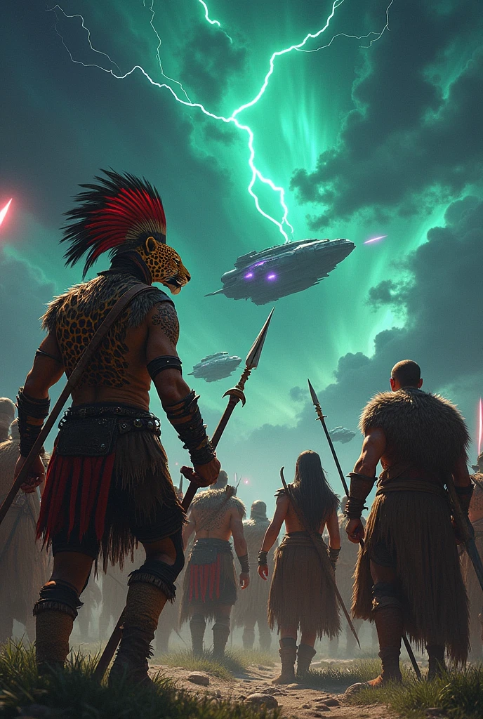 Jaguar Warriors, crossed, amazons, Vikings, fighting together in an epic war against space invaders, who want the natural resources of planet Earth