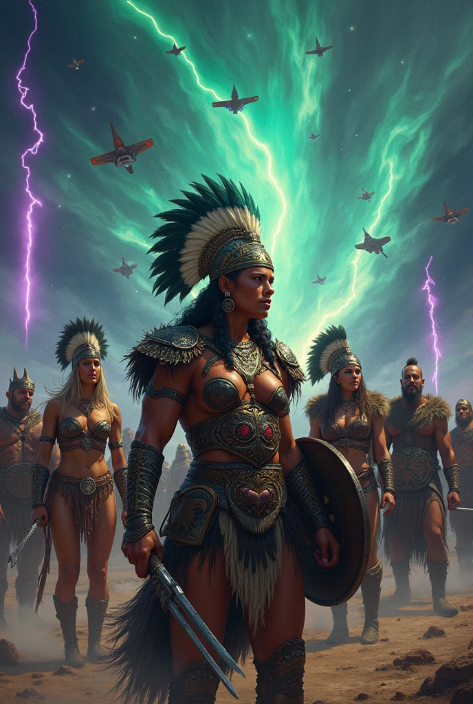 Jaguar Warriors, crossed, amazons, Vikings, fighting together in an epic war against space invaders, who want the natural resources of planet Earth