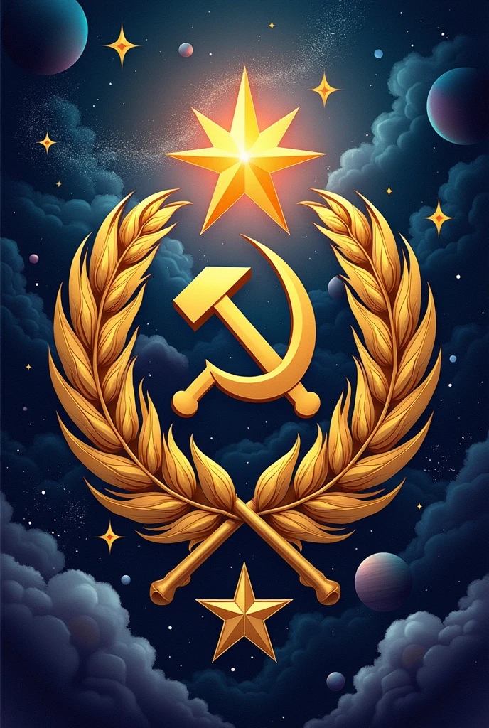 An illustration of the coat of arms of the Soviet Union, with a subtle background of stars and planets