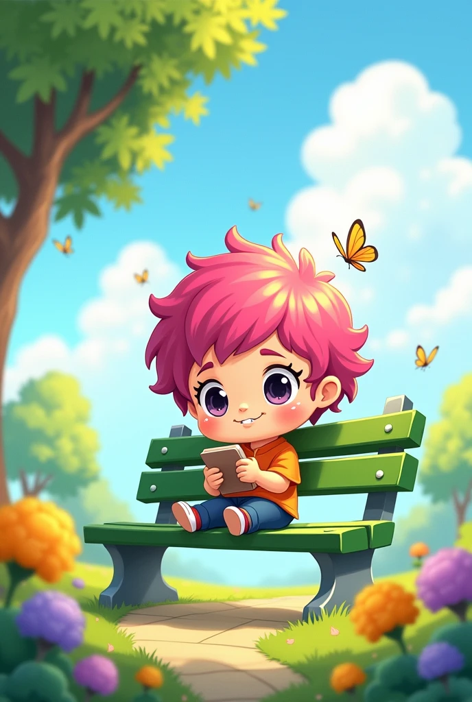 A chibi cartoon child is reading on their phone while sitting on a park bench.