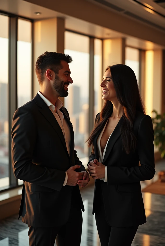 The male protagonist talks to a woman with long black hair and professional clothing., the woman smiles and the image is pleasant, in five luxurious offices