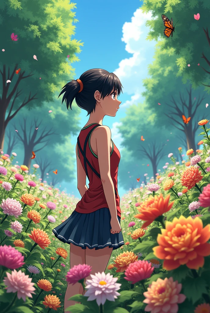 my hero academia style, Mikasa Ackerman, an anime character from the Attack on Titan franchise, in a garden looking at the flowers.