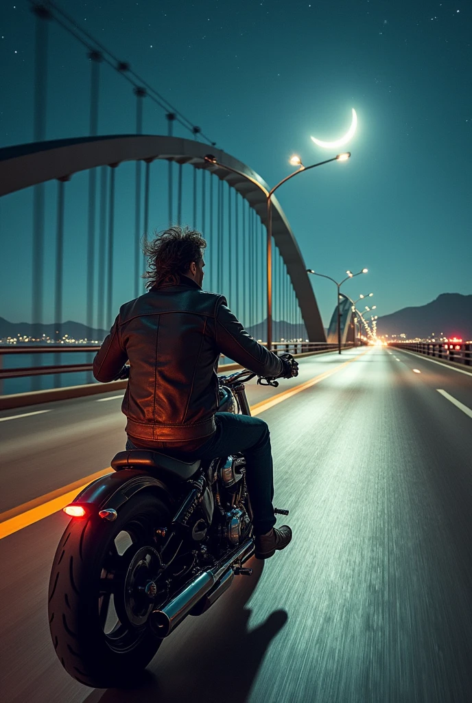 Create a man riding a motorcycle on a bridge overlooking a lake at night.