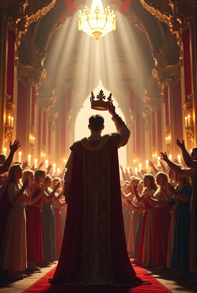 A majestic coronation ceremony in a grand castle hall, a young king crowned amidst thunderous applause and joyous cheers from the adoring crowd, a handsome young man at the center of the grand event, detailed ornate architecture, dramatic lighting, ornate gold and velvet decor, regal and ceremonial atmosphere, historical fantasy, cinematic, epic scale, masterful hyper-detailed digital painting, dramatic shadows and highlights, rich color palette, photorealistic, 8K, best quality