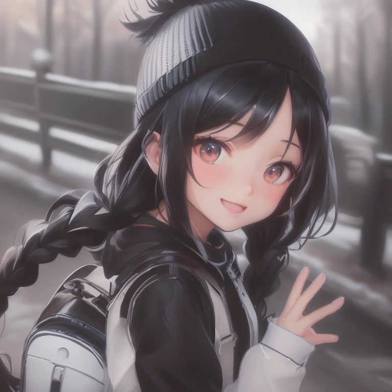 on a snowy day、An anime girl with long black hair is wearing a backpack., Cute girl anime visuals, Anime Style. 8k, Kantai Collection Style, Smooth anime CG art, Anime Style 4 k, Official artwork, Cute Anime Girl, Beautiful anime school girl, Photorealistic anime girl rendering, High quality anime art style, Young Anime's, Girls Frontline Style