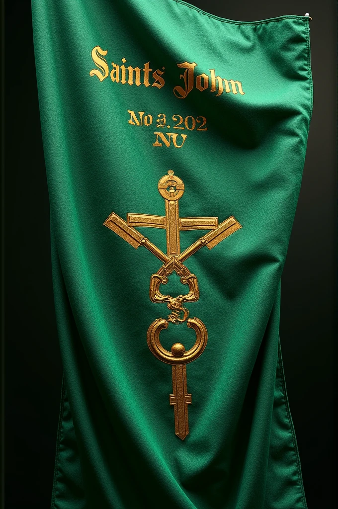 A green standard with moiré fabric, containing at the top the writing in Latin in golden letters: "Saints John" No. 202, below the text, indefectibly the design of two bars or lateral lines in vertical position from left to right and in the middle of them a circle with a dot in the center