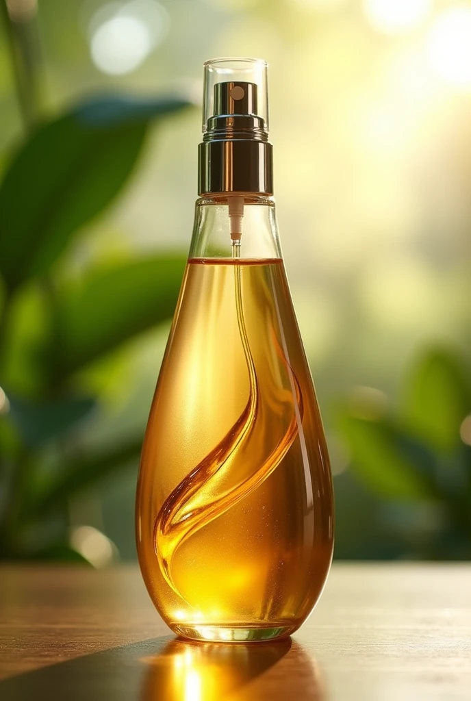 Create a 250 ml bullet-shaped PET bottle with an atomizer, this bottle should contain a golden liquid inside