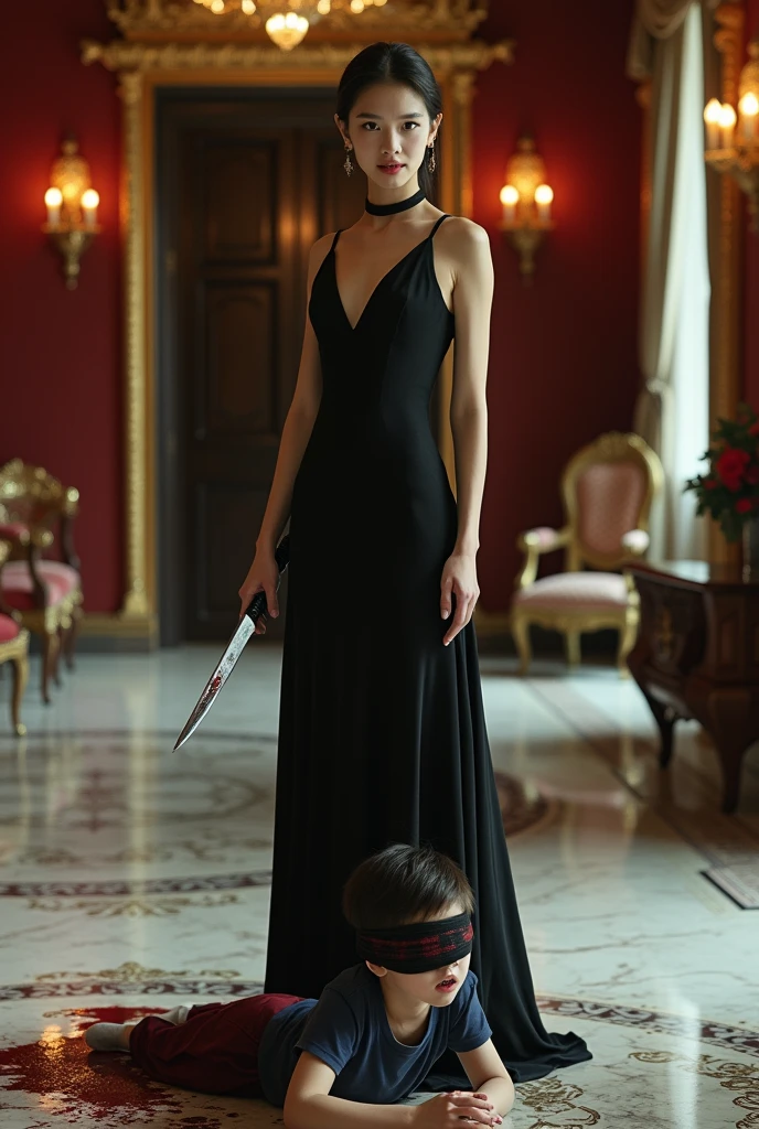 Chinese, very cute beautiful young woman, stuck a knife in his throat of a boy blindfold bloody in n eck sadism, luxury house