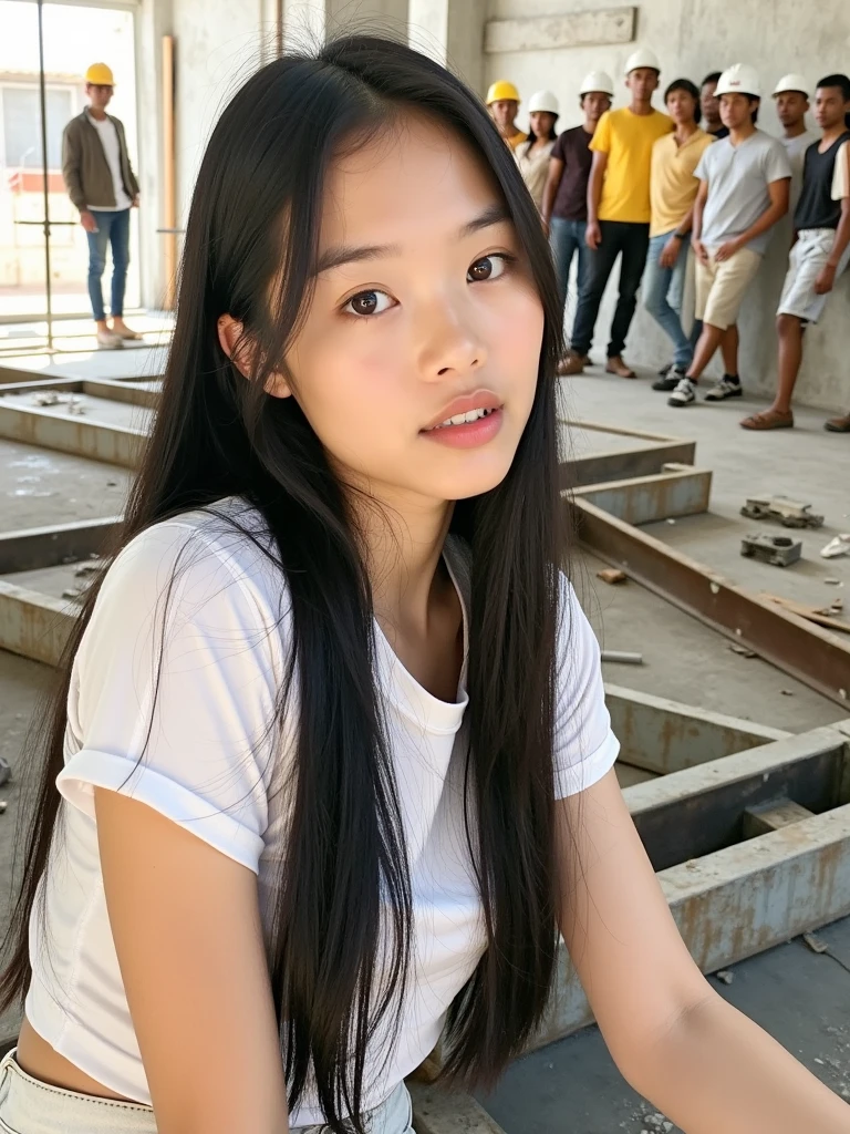 Girl in white GOOD and tight denim skirt posing for photo, Whole body, with short t-shirt, GOOD, Skinny body, smaller bust, Slim girl model, 24 year old female model, lying on the construction site, a group of black men watching