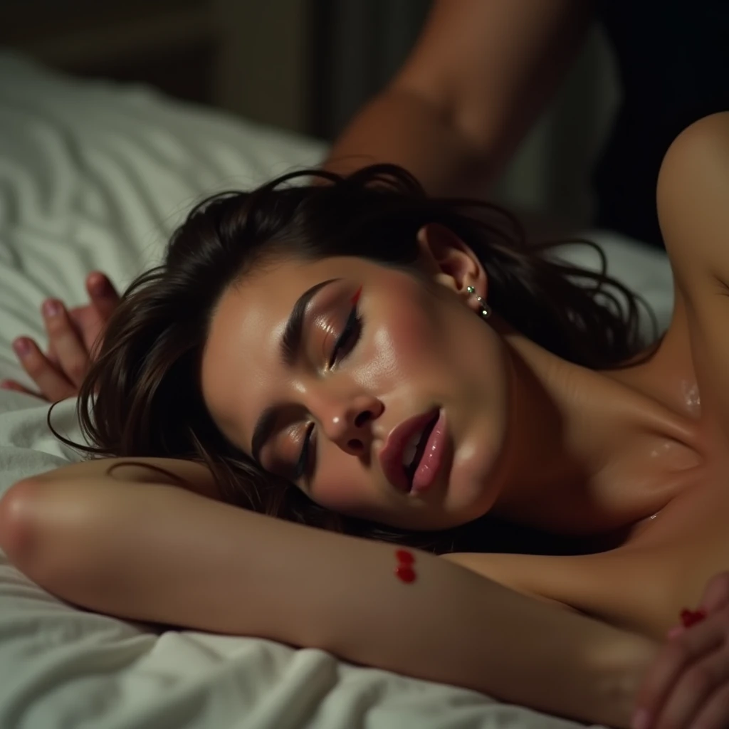 full scene shot, sexy woman is fucked by man, full body shot, redness on face, wet hair, tears, woman pee herself, perfect feet, passed out, lifeless body, closed eyes, nude, woman is unconscious, woman legs and arms limp, tongue out, bed, cumming on her face, sperm on her body,