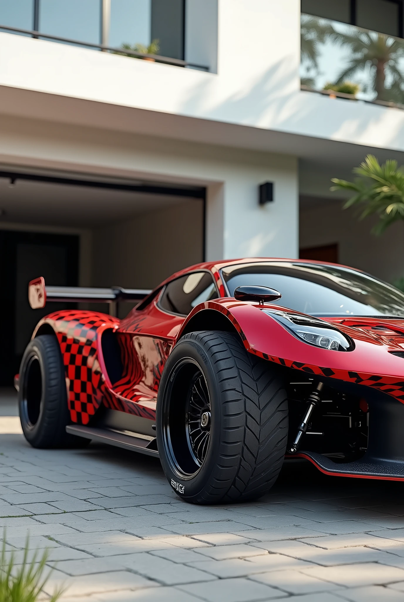 A high-performance sports car with a distinctive red and black checkered body sits low to the ground, its oversized off-road tires gripping the pavement. A large rear wing protrudes from the back, while side mirrors are visible on either flank. The garage door of a residential building looms in the background, as the vehicle's customized features seem to defy conventional expectations. Framed by a bright and airy environment, the car appears poised for action, its aggressive stance hinting at its readiness to tackle both track and trail.