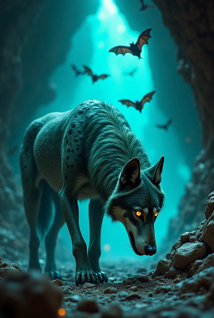 A metallic wolf with large fangs
of green with gray and spots and with fur sniffing around, In addition, a kind of. 10 mutant bats flying around
And a background of a large, dark cave with cracked stones and a bright blue glow