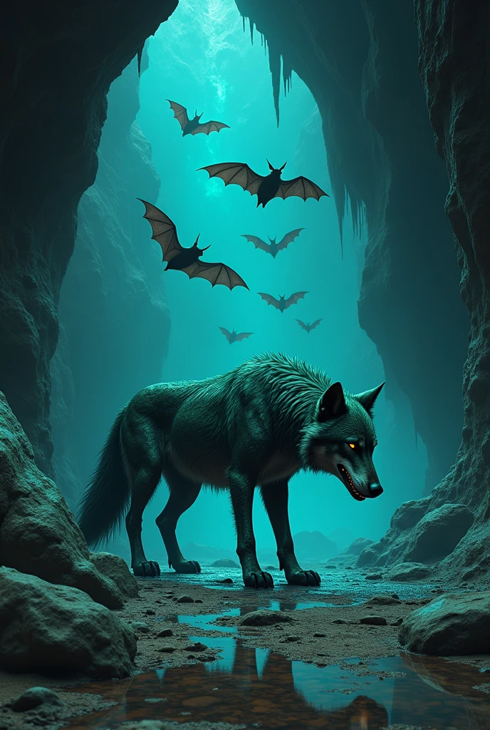 A metallic wolf with large fangs
of green with gray and spots and with fur sniffing around, In addition, a kind of. 10 mutant bats flying around
And a background of a large, dark cave with cracked stones and a bright blue glow