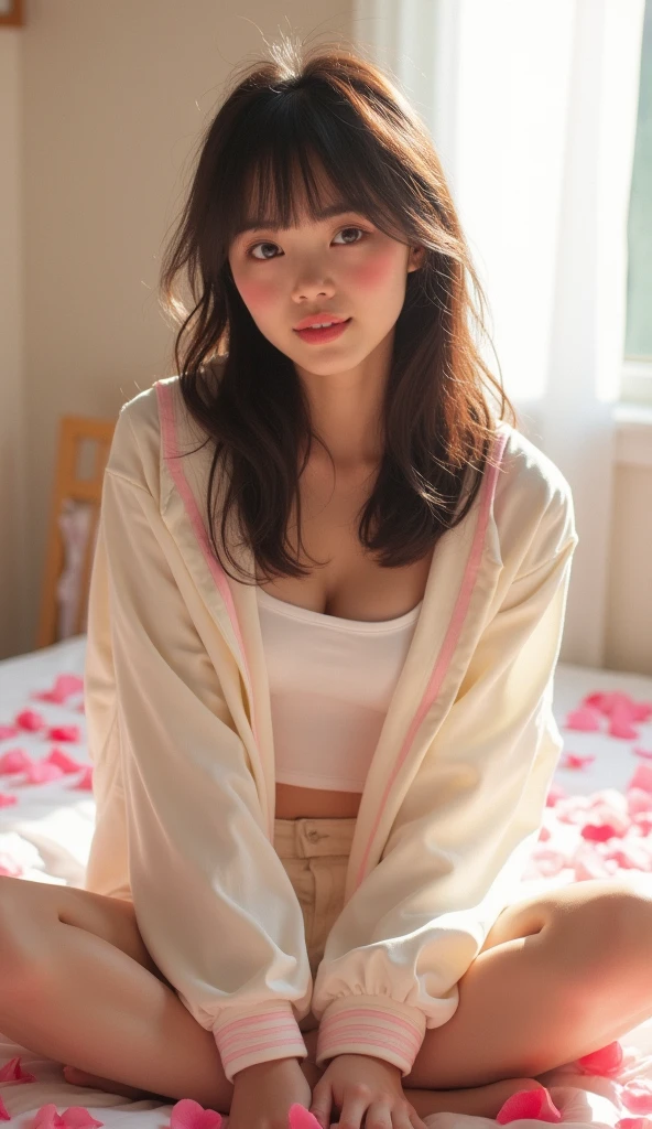 
japanaese girl, (top-quality:1.4),(​masterpiece:1.3),(Crisp focus:1.2),(Photorealsitic:1.4),(Beautiful Women in Perfect Style:1.4),(drooing eyes:1.2),(Semi-long with bangs),The face is shining,fully body photo,(Reddening cheeks:1.3),
white jacket with pink accents,large white top,sitting on bed near window1.5), roses in bed, she is spreading her legs, she is showing her panty, she is open her legs widely,vibrant and lively hues, captivating, glitter