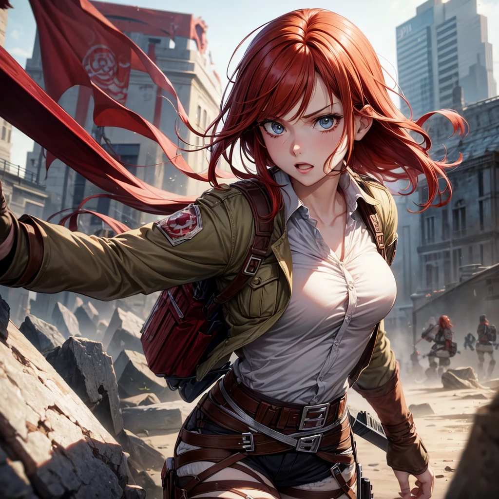 Mikasa Ackerman, 1 girl, black and red hair, breasts, chain, graffiti, hand on hip, hands on waist, jacket, medium breasts, abdomen, nail polish, brown leather jacket with Survey Corps emblem, clothing Survey Corps from Shingeki No Kyojin, short hair, signature, smile, solo, traditional media, high resolution, detailed, intricate, stunning artwork, photo quality, red scarf on neck, epic pose,