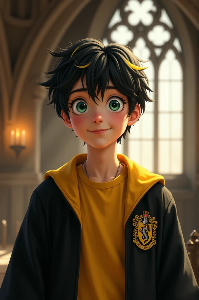 a fair-skinned boy, greeneyes, Smiling expression, fluffly, black hair with a few blonde streaks, semi realistic, wearing the Hufflepuff uniform, smooth light, hogwarts setting