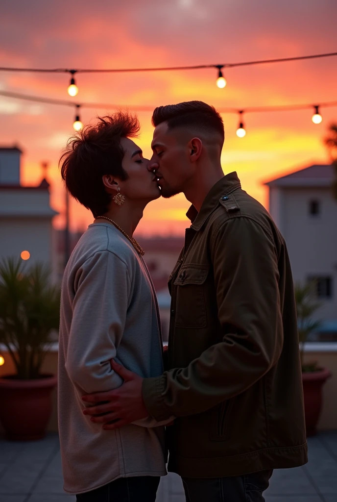Create two guys, one who is a cute and adorable but is an adult, and the other a somewhat military and handsome guy, both kissing.