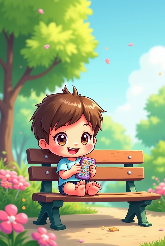 A chibi cartoon child holding a phone while sitting on a park bench.