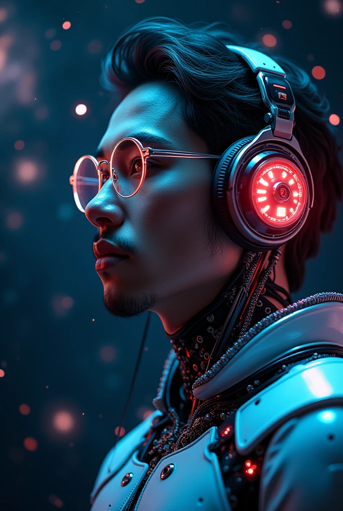 A highly detailed 20-year-old male cyborg, with a focus from the shoulders up, looking slightly towards the camera. The cyborg should have a futuristic and sleek appearance, featuring polished metal, intricate mechanical details, and neon glowing cybernetic implants. Include cyberpunk technology elements, such as cyberpunk-style glasses and headphones. His eyes should be glowing and enigmatic, with an expression suggesting contemplation or curiosity. The background should be a dark cosmic setting with a cinematic and professional style, incorporating deep space elements like stars and nebulae. The transition between the cyborg's technology and the cosmic background should be smooth and harmonious, creating a striking and immersive visual contrast
