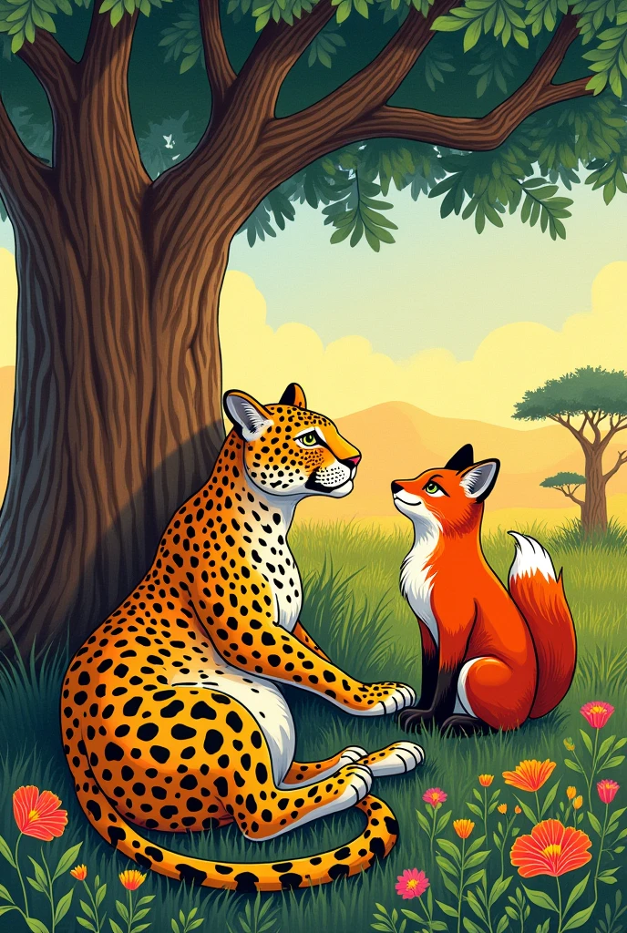 Colored drawing of a leopard with a fox in the same image, African tale