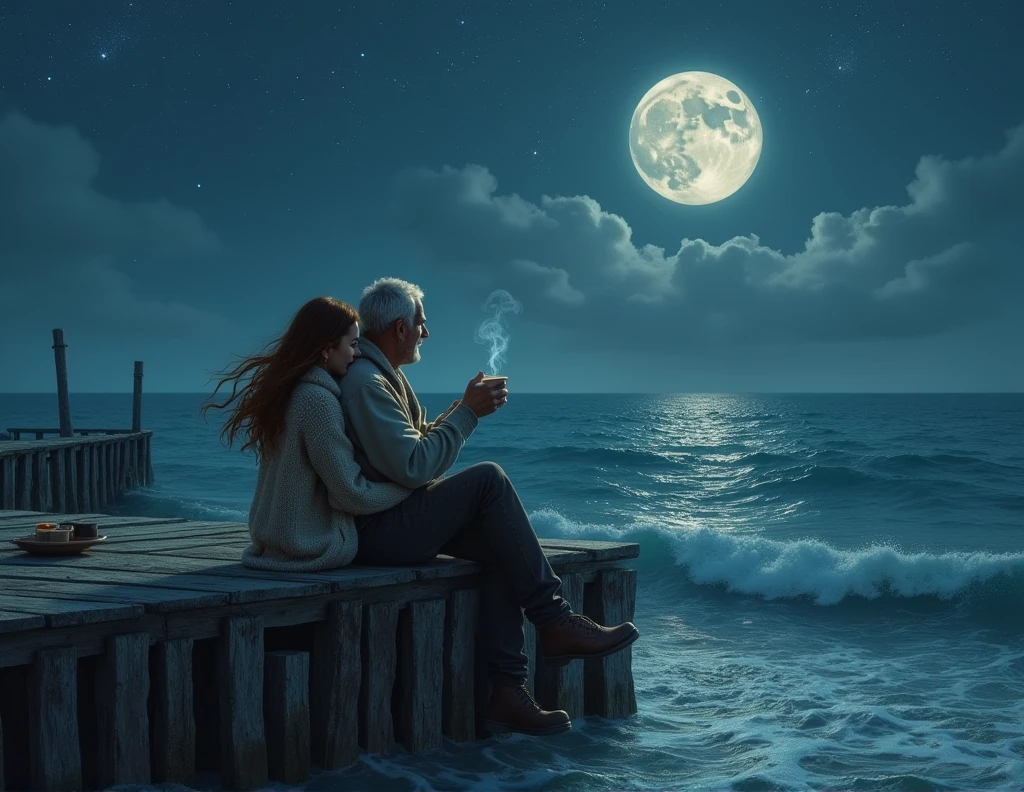 a full moon night in a harbor, two people sitting by the edge of a pier, with a sky full of stars