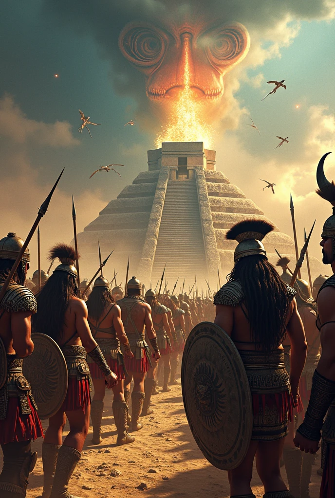 Jaguar Warriors, crossed, amazons, Vikings, fighting together in an epic war against space invaders, Teotihuacan
