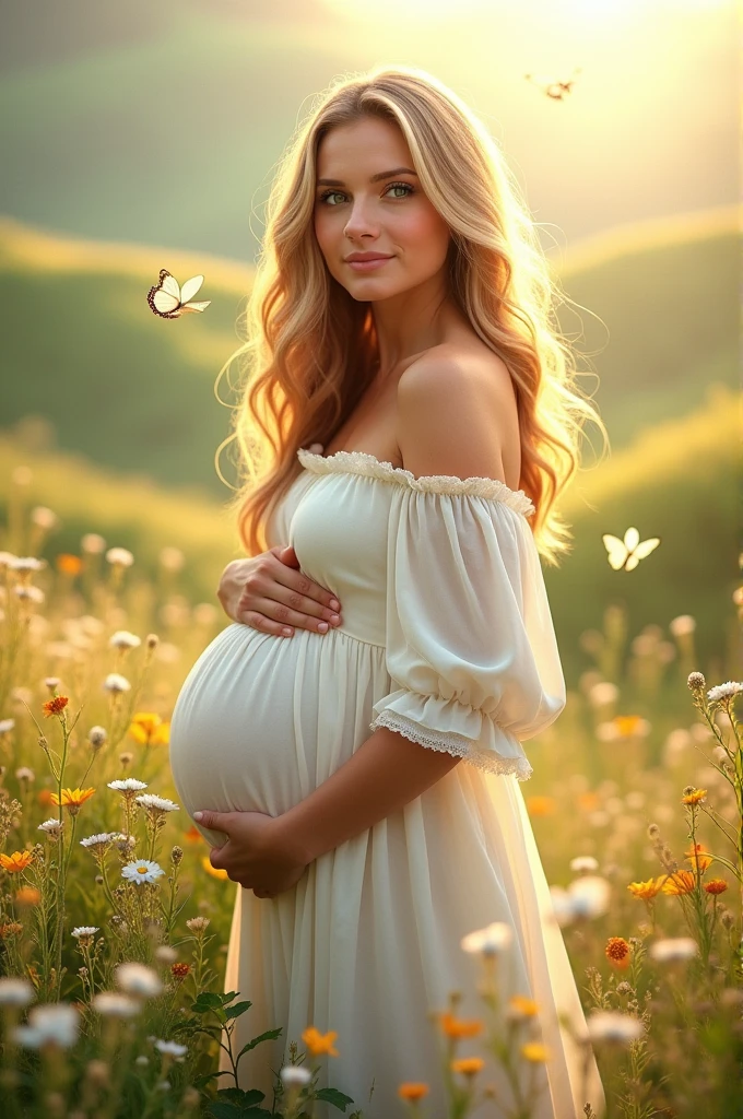 Create a pregnant woman with blonde hair and green eyes