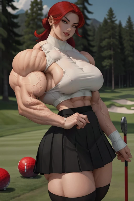 (((Close-up))), tall, (red hair) beautiful muscular asian female golfer, long hair, pale white skinned, large breast, closed smile, (black lipstick), (massive muscles), (hyper muscle), ((ginormous bulky muscles)), yellow eyes, (((red golf top))), (((black long pleated skirt))), (thigh high socks), choker, sneakers, in a golf course,